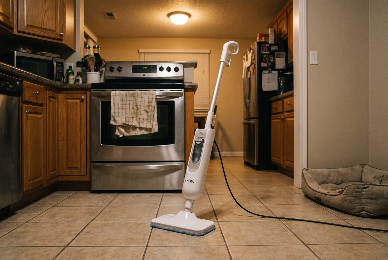 A steam mop standing upright on a tile kitchen floor in a lived-in home at dusk.